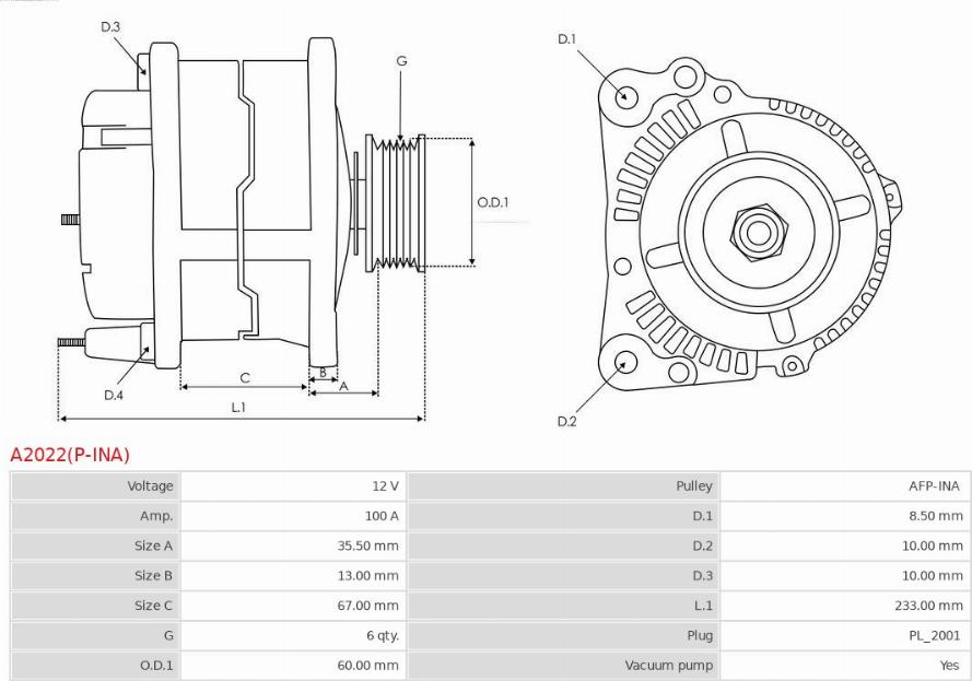 AS-PL A2022(P-INA) - Alternator www.autospares.lv