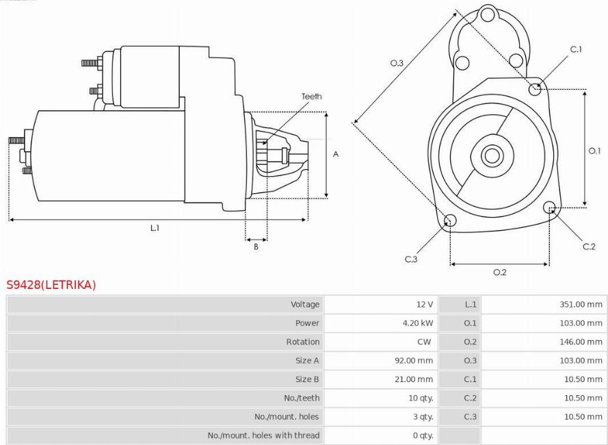 AS-PL S9428(LETRIKA) - Starteris www.autospares.lv