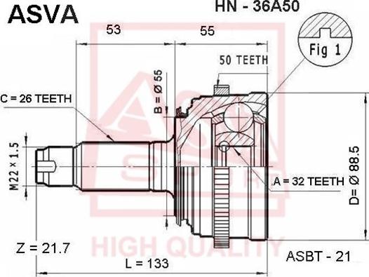 ASVA HN-36A50 - Šarnīru komplekts, Piedziņas vārpsta www.autospares.lv