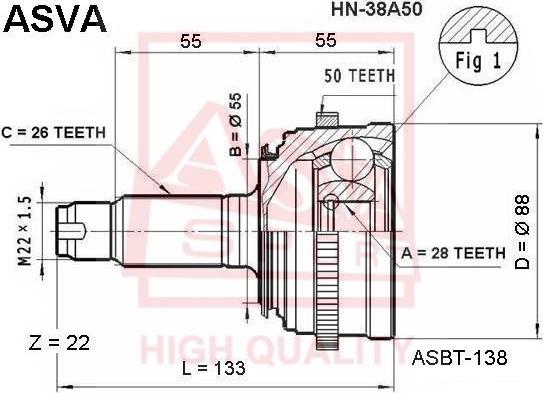 ASVA HN-38A50 - Šarnīru komplekts, Piedziņas vārpsta www.autospares.lv