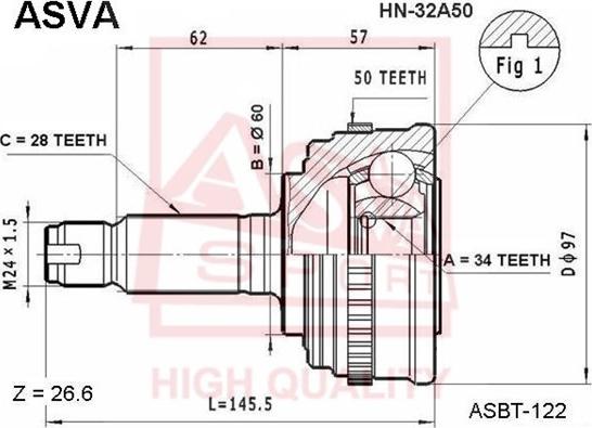 ASVA HN-32A50 - Šarnīru komplekts, Piedziņas vārpsta www.autospares.lv