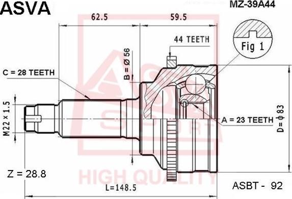 ASVA MZ-39A44 - Šarnīru komplekts, Piedziņas vārpsta www.autospares.lv