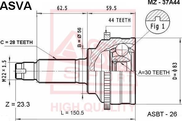 ASVA MZ-37A44 - Šarnīru komplekts, Piedziņas vārpsta www.autospares.lv