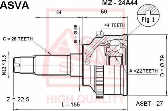 ASVA MZ-24A44 - Šarnīru komplekts, Piedziņas vārpsta www.autospares.lv