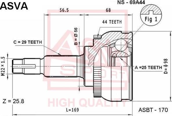 ASVA NS-69A44 - Šarnīru komplekts, Piedziņas vārpsta www.autospares.lv