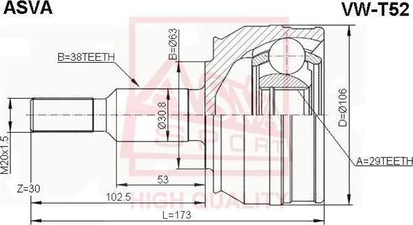 ASVA VW-T52 - Šarnīru komplekts, Piedziņas vārpsta www.autospares.lv