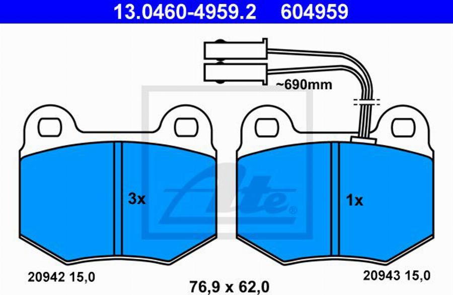 ATE 604959 - Bremžu uzliku kompl., Disku bremzes www.autospares.lv