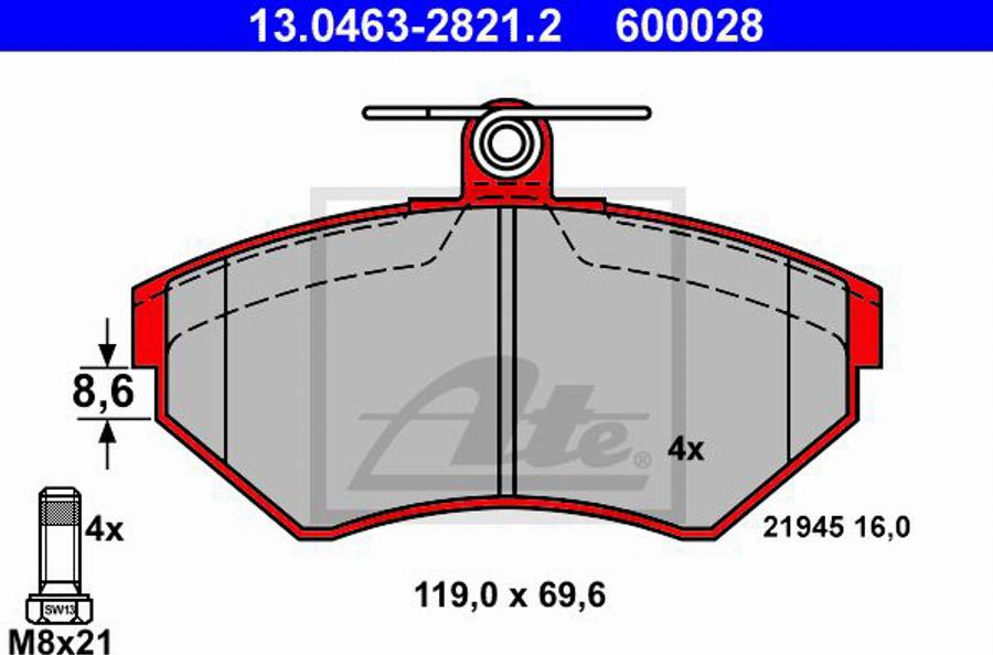 ATE 600028 - Brake Pad Set, disc brake www.autospares.lv