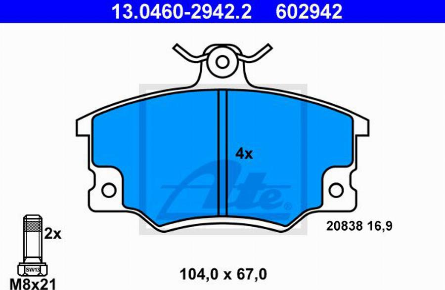 ATE 602942 - Brake Pad Set, disc brake www.autospares.lv