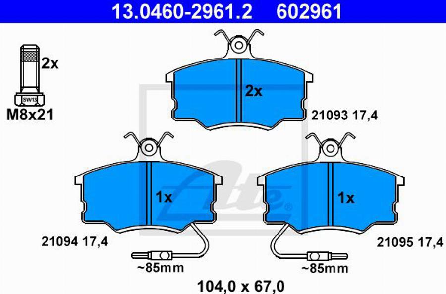 ATE 602961 - Brake Pad Set, disc brake www.autospares.lv