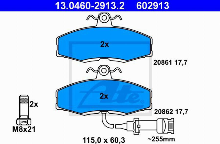 ATE 602913 - Brake Pad Set, disc brake www.autospares.lv