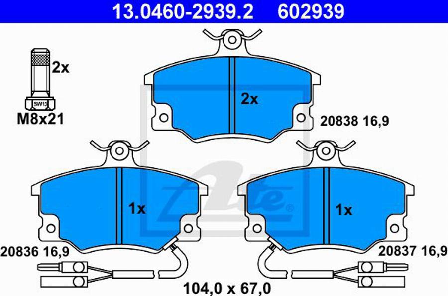 ATE 602939 - Bremžu uzliku kompl., Disku bremzes www.autospares.lv