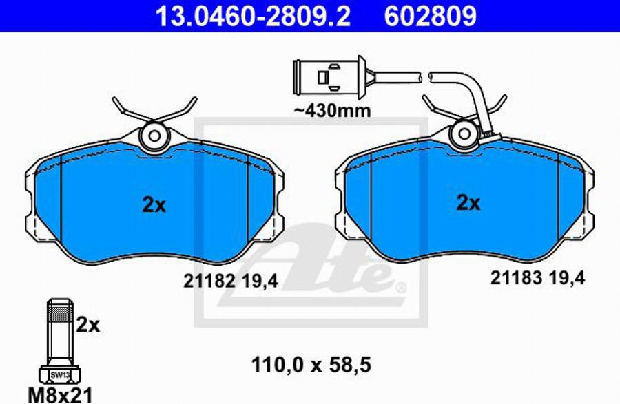 ATE 602809 - Тормозные колодки, дисковые, комплект www.autospares.lv