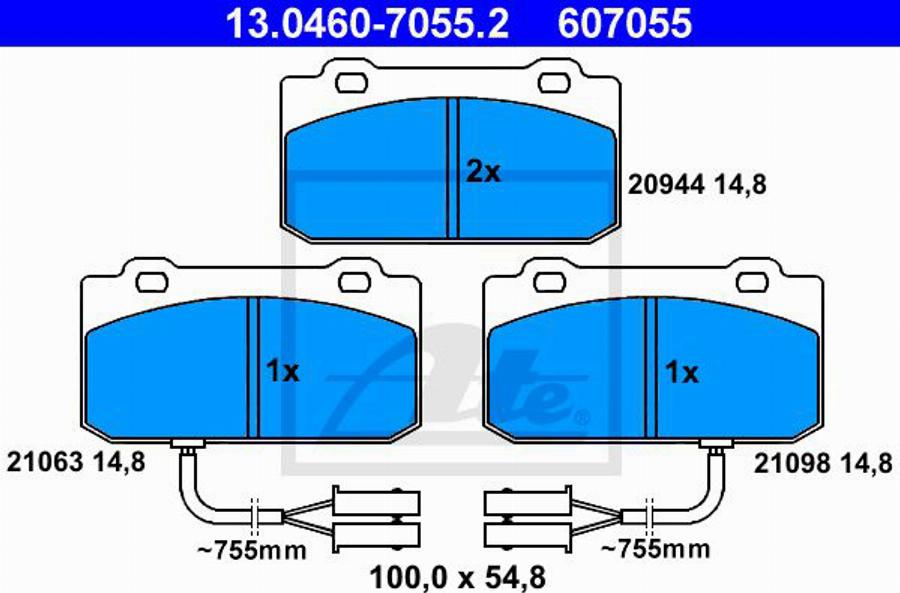 ATE 607055 - Bremžu uzliku kompl., Disku bremzes www.autospares.lv