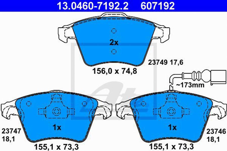 ATE 607192 - Brake Pad Set, disc brake www.autospares.lv