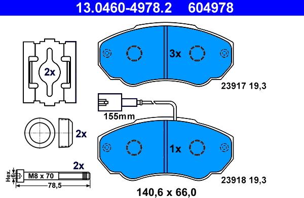 ATE 13.0460-4978.2 - Тормозные колодки, дисковые, комплект www.autospares.lv