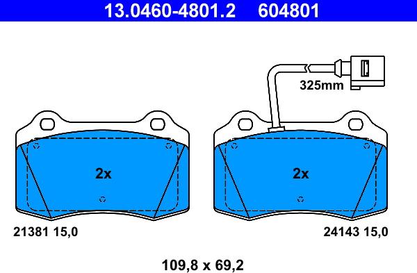 ATE 13.0460-4801.2 - Тормозные колодки, дисковые, комплект www.autospares.lv