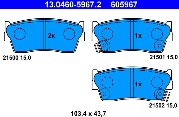 ATE 13.0460-5967.2 - Тормозные колодки, дисковые, комплект www.autospares.lv