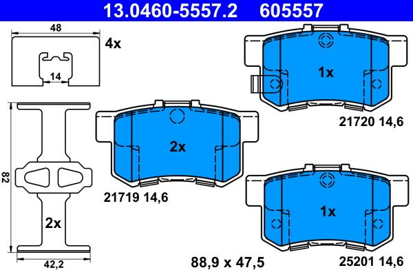 ATE 13.0460-5557.2 - Тормозные колодки, дисковые, комплект www.autospares.lv