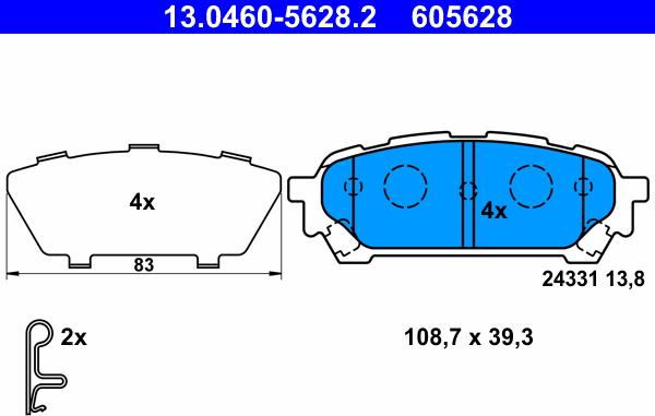 ATE 13.0460-5628.2 - Тормозные колодки, дисковые, комплект www.autospares.lv