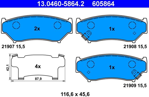 ATE 13.0460-5864.2 - Тормозные колодки, дисковые, комплект www.autospares.lv