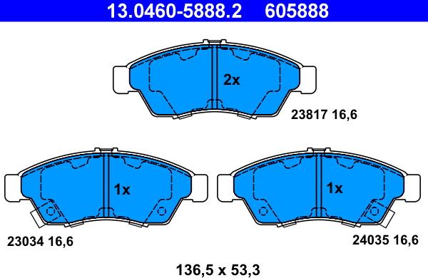 ATE 13.0460-5888.2 - Тормозные колодки, дисковые, комплект www.autospares.lv