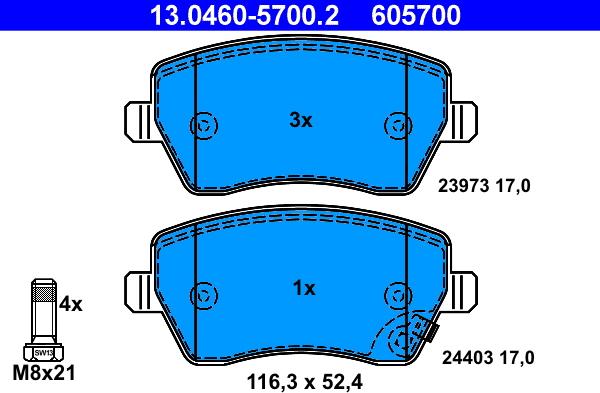 ATE 13.0460-5700.2 - Тормозные колодки, дисковые, комплект www.autospares.lv