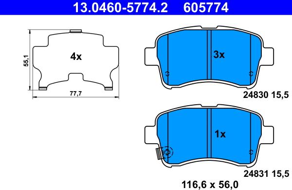 ATE 13.0460-5774.2 - Тормозные колодки, дисковые, комплект www.autospares.lv