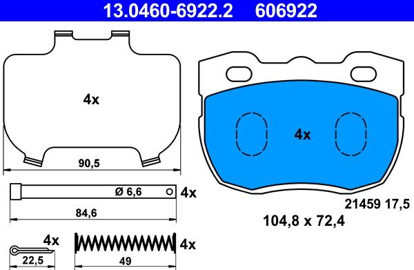 ATE 13.0460-6922.2 - Тормозные колодки, дисковые, комплект www.autospares.lv