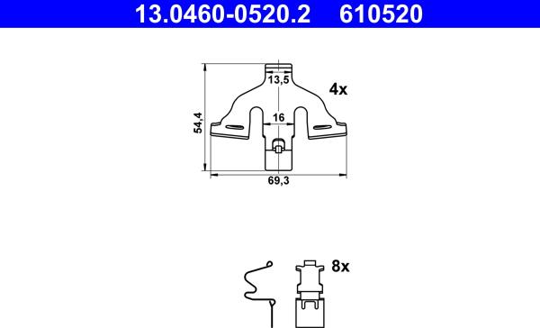 ATE 13.0460-0520.2 - Piederumu komplekts, Disku bremžu uzlikas www.autospares.lv