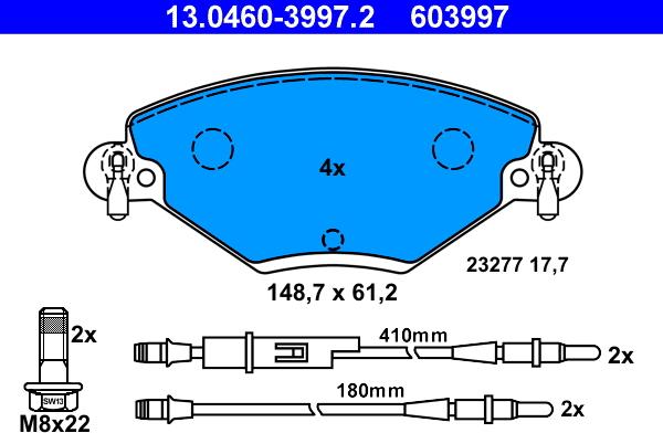 ATE 13.0460-3997.2 - Тормозные колодки, дисковые, комплект www.autospares.lv