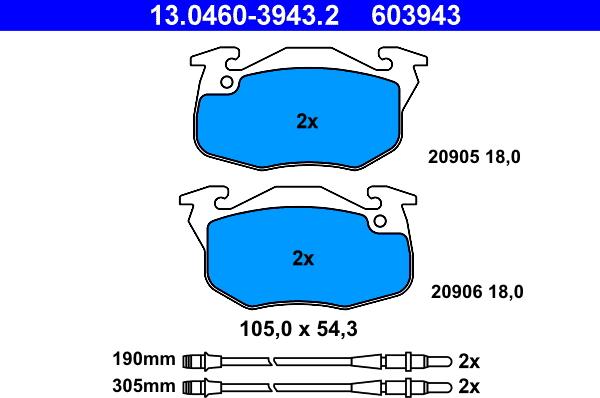 ATE 13.0460-3943.2 - Тормозные колодки, дисковые, комплект www.autospares.lv