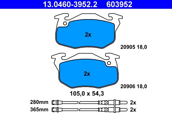 ATE 13.0460-3952.2 - Тормозные колодки, дисковые, комплект www.autospares.lv