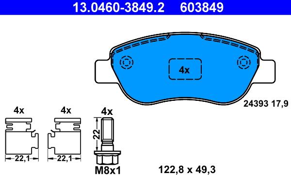 ATE 13.0460-3849.2 - Тормозные колодки, дисковые, комплект www.autospares.lv