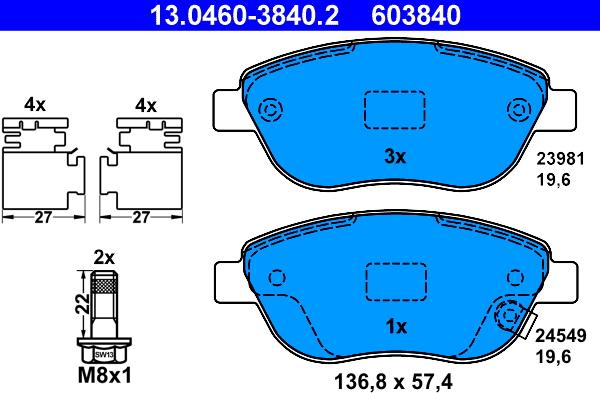 ATE 13.0460-3840.2 - Тормозные колодки, дисковые, комплект www.autospares.lv