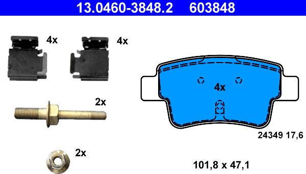 ATE 13.0460-3848.2 - Тормозные колодки, дисковые, комплект www.autospares.lv