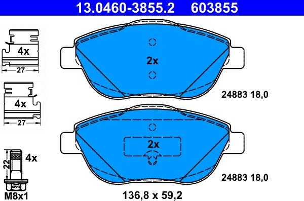 ATE 13.0460-3855.2 - Тормозные колодки, дисковые, комплект www.autospares.lv