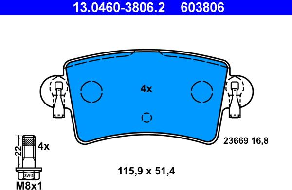 ATE 13.0460-3806.2 - Тормозные колодки, дисковые, комплект www.autospares.lv