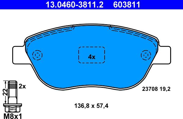 ATE 13.0460-3811.2 - Тормозные колодки, дисковые, комплект www.autospares.lv