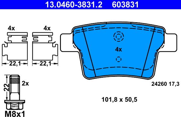 ATE 13.0460-3831.2 - Bremžu uzliku kompl., Disku bremzes autospares.lv