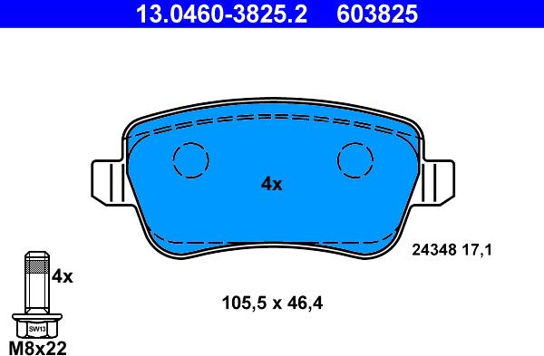 ATE 13.0460-3825.2 - Тормозные колодки, дисковые, комплект www.autospares.lv