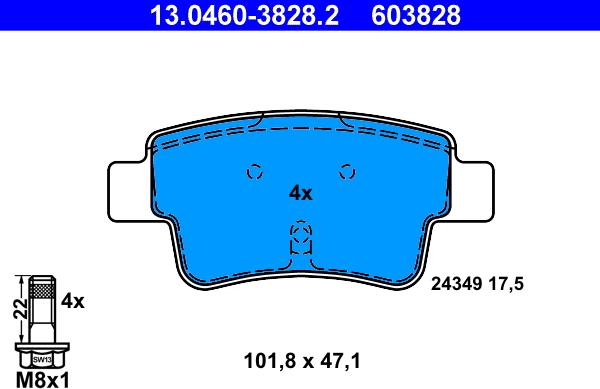 ATE 13.0460-3828.2 - Тормозные колодки, дисковые, комплект www.autospares.lv