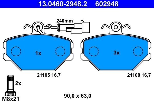 ATE 13.0460-2948.2 - Тормозные колодки, дисковые, комплект www.autospares.lv