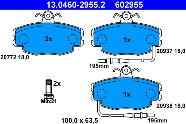 ATE 13.0460-2955.2 - Тормозные колодки, дисковые, комплект www.autospares.lv