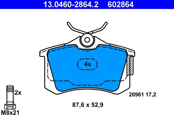 ATE 13.0460-2864.2 - Тормозные колодки, дисковые, комплект www.autospares.lv