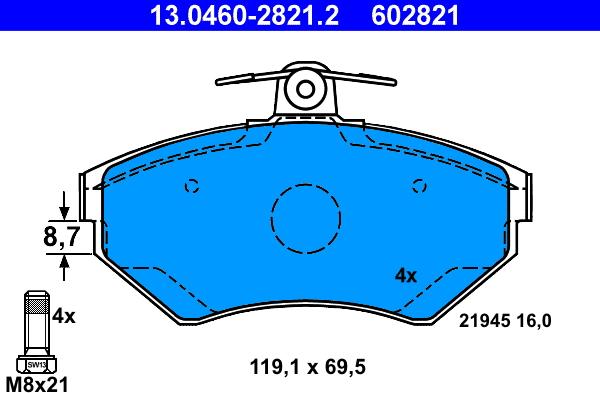 ATE 13.0460-2821.2 - Brake Pad Set, disc brake www.autospares.lv