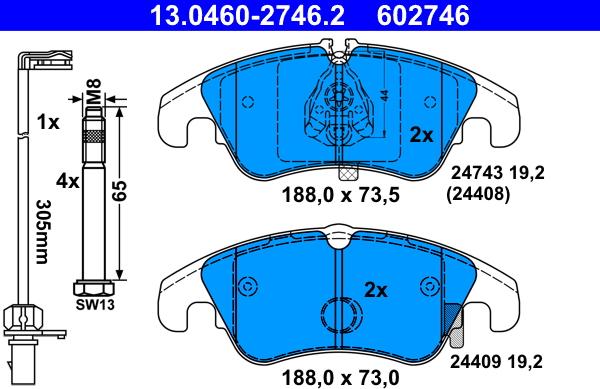 ATE 13.0460-2746.2 - Тормозные колодки, дисковые, комплект www.autospares.lv