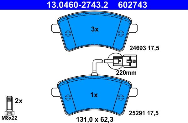 ATE 13.0460-2743.2 - Тормозные колодки, дисковые, комплект www.autospares.lv