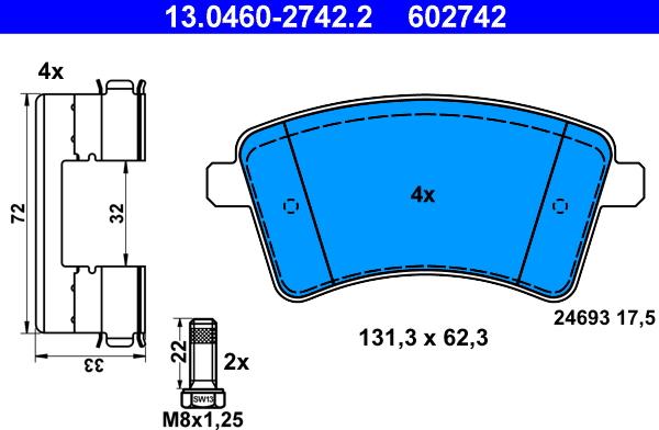 ATE 13.0460-2742.2 - Тормозные колодки, дисковые, комплект www.autospares.lv