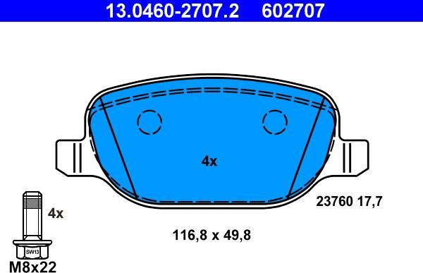 ATE 13.0460-2707.2 - Тормозные колодки, дисковые, комплект www.autospares.lv